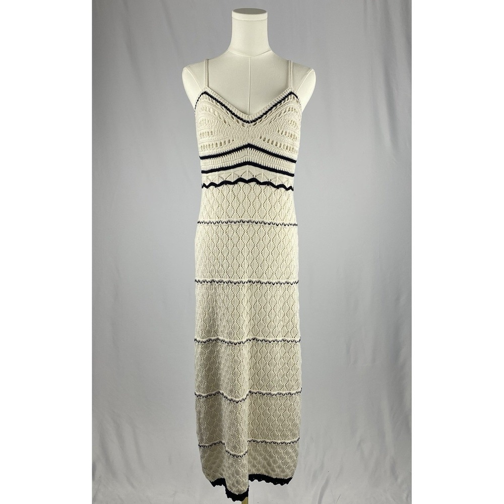 Pointelle Crochet Maxi Dress Bohemian Womens L Cream Black Knit Beachy Hippie